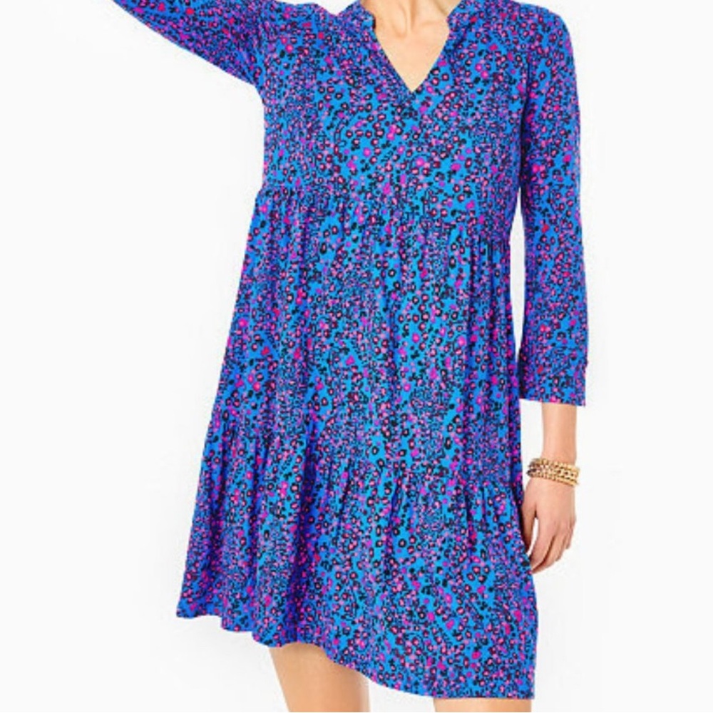 Lilly Pulitzer Alaina Dress Blue Flare Growl and Prowl Women’s Size Large - Picture 3 of 8